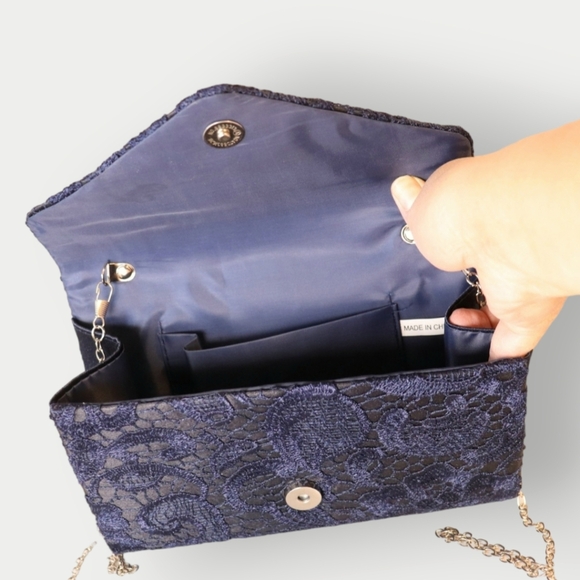 WOMENS ELEGANT FLORAL LACE CLUTCH HAND BAG WITH CHAIN STRAP - Picture 12 of 16